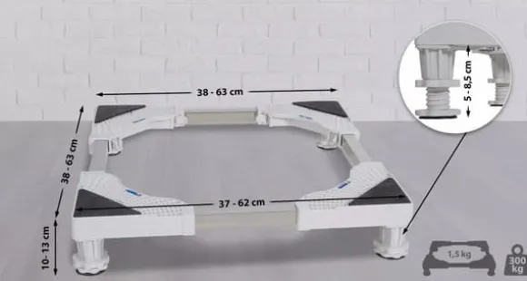 Adjustable Washing Machine Base Stand with Wheels - White Plastic & Steel Tube Rack, 300KG Capacity - Universal Fit for Dryers, Refrigerators