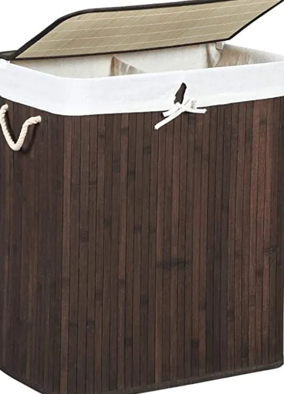 Bambu tvättkorg - tvättställ med 2 fack - bricka - med lock - 100 l