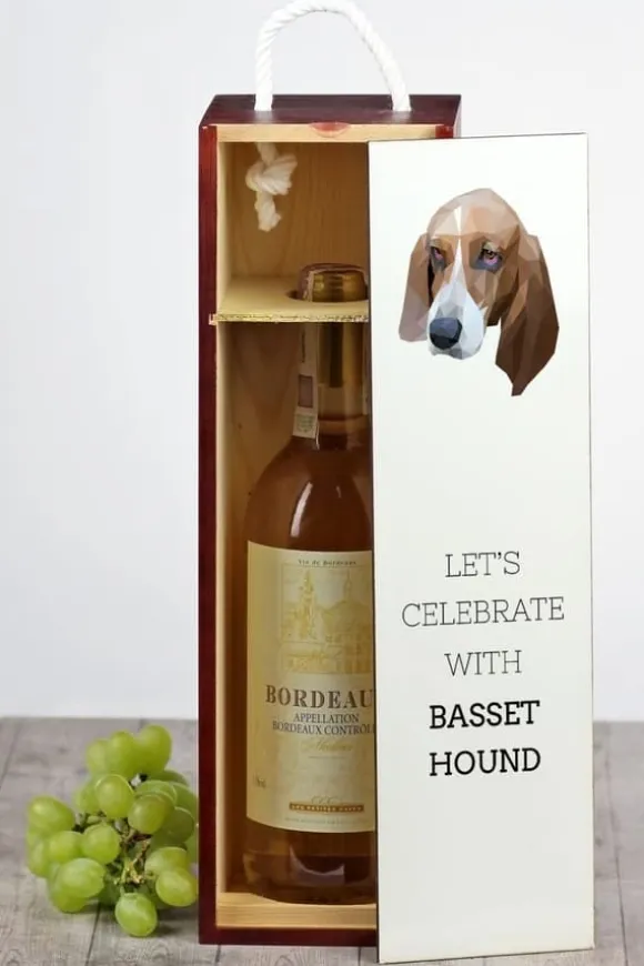 Basset Hound - en geometrisk låda med ett foto och en inskription för Art-Dog-vin