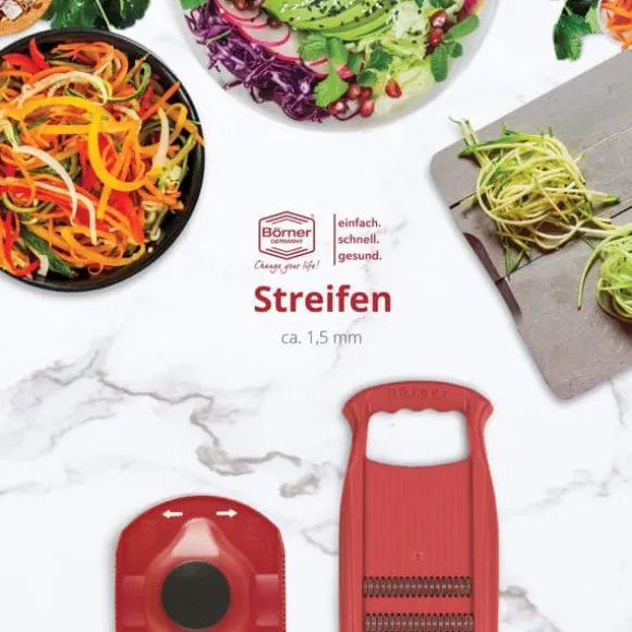 Borner Original Roko Powerline - grönsaks- och fruktskärare för fina remsor Julienne remsor set med frukthållare