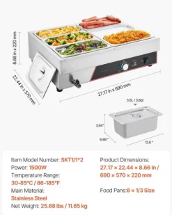 Buffé matvärmare - Elektrisk bain marie bänkmodell - Effekt 1500 W - 6 Pannor - Rostfritt stål - Snabb uppvärmning - Lock ingår