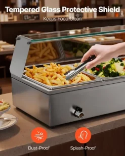 Buffévärmare - Elektrisk bain-marie/vattenbad - Effekt 1500 W - Rostfritt stål - Glaslock - Tre 1/2 GN kantiner - Bänkmodell - Kommersiell