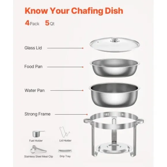 Chafing Dish Bufféset, 4-pack 5 Qt rostfritt stål, silver, serveringsvärmare