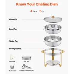 Chafing Dish Bufféset, 5 Qt 4-pack rostfritt stål, guld