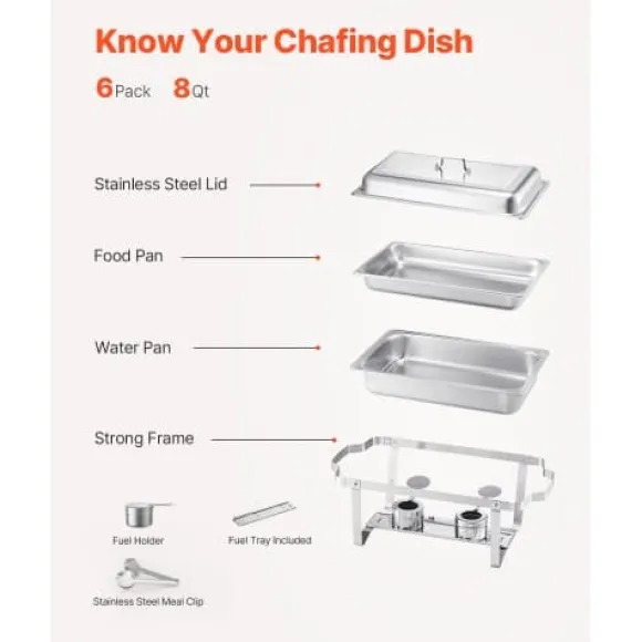 Chafing Dish Bufféset, 8 Qt 6-pack, Rostfritt Stål, Silver