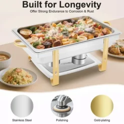 Chafing Dish - Buffévärmare - 9 L Kapacitet - Rostfritt Stål - 2 Brännarhållare - För fast alkohol/bio-olja - 63x35x32 cm - Silver/Guld