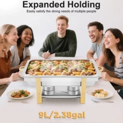 Chafing Dish - Buffévärmare - 9 L Kapacitet - Rostfritt Stål - 2 Brännarhållare - För fast alkohol/bio-olja - 63x35x32 cm - Silver/Guld