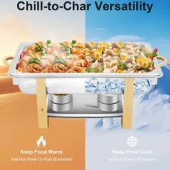Chafing Dish - Buffévärmare - 9 L Kapacitet - Rostfritt Stål - 2 Brännarhållare - För fast alkohol/bio-olja - 63x35x32 cm - Silver/Guld