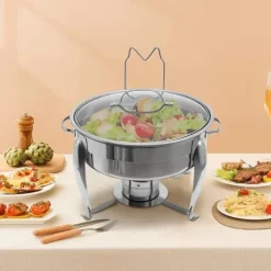 Chafing Dish Buffévärmare - Rund Alkoholdriven - 6 l - Glaslock - Rostfritt Stål - För Buffé & Fest