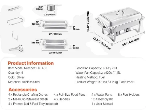 Chafing Dish Set, 8 Qt Kapacitet, Rostfritt Stål Konstruktion,4 paket