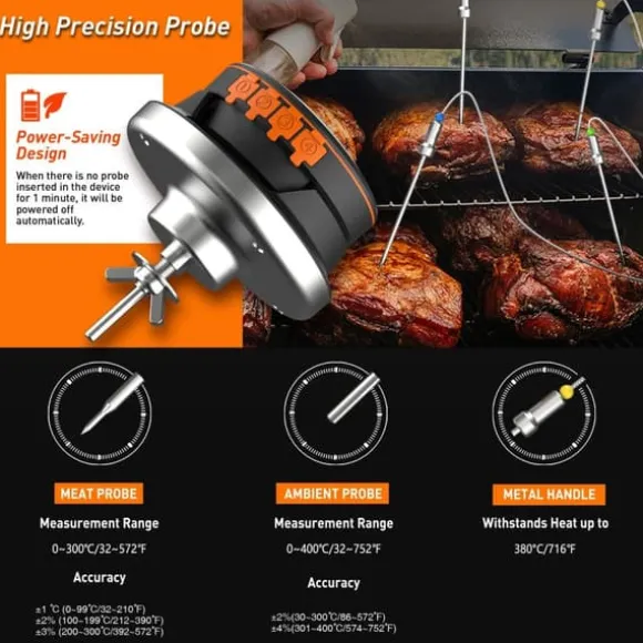 0-380°C smart Bluetooth matlagningstermometer med 2 sonder, grilltermometer med app-kontroll, avtagbar design