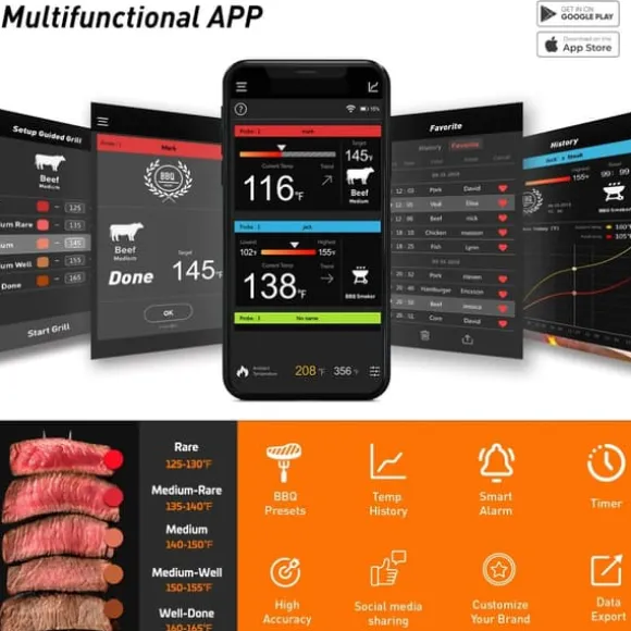 0-380°C smart Bluetooth matlagningstermometer med 2 sonder, grilltermometer med app-kontroll, avtagbar design
