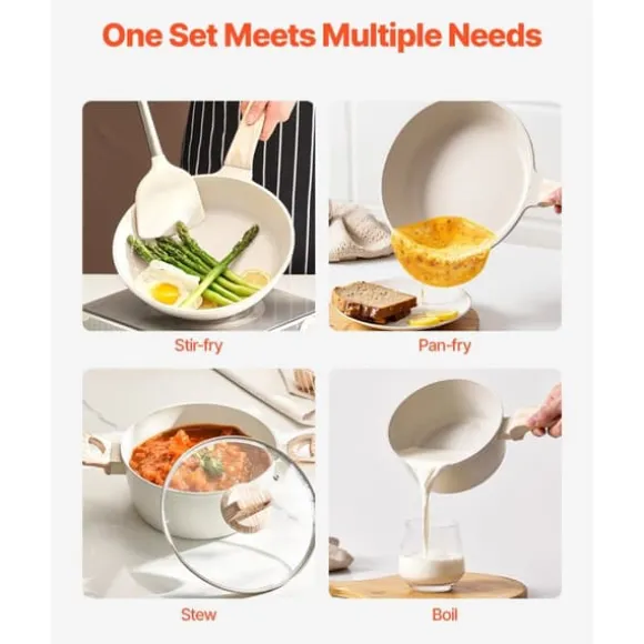 19-delade Grytor och Kastruller, Granit Nonstick, Köksredskap i Vit Färg, Lätt att Rengöra