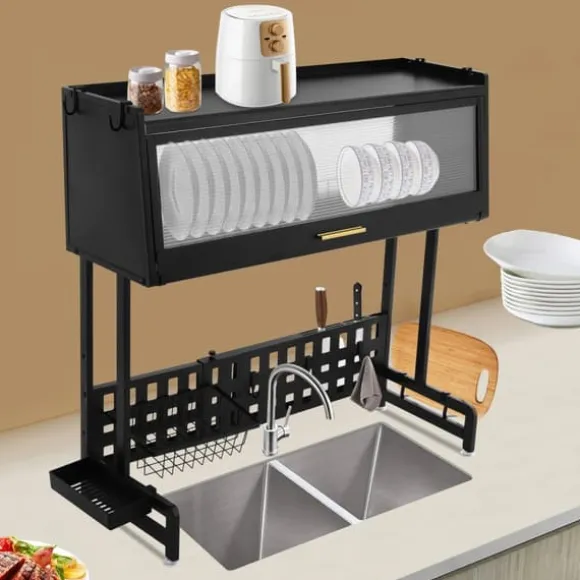 Diskställ - Över diskbänk torkställ - Utdragbar - Rosttålig - Mått 84,5×28×31 cm - Max belastning 100 kg - Kolstål och PP - Svart