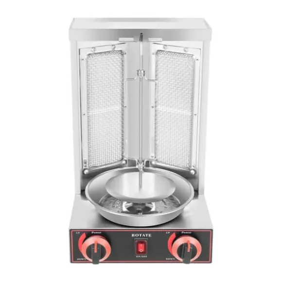 Döner Kebab/Shawarma Grill - Vertikal Gasgrill - Automatisk Rotation - 2 Brännare - Vredkontroll - Kommersiell - Silver