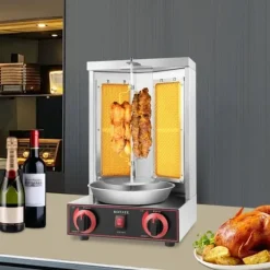 Döner Kebab/Shawarma Grill - Vertikal Gasgrill - Automatisk Rotation - 2 Brännare - Vredkontroll - Kommersiell - Silver