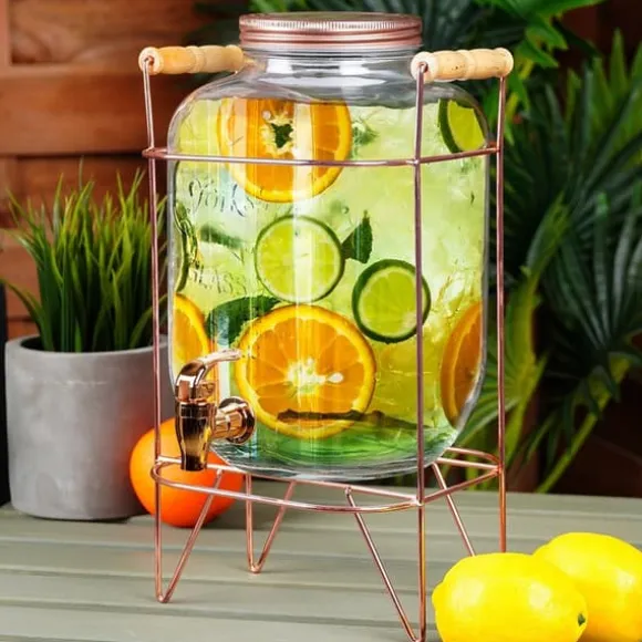 Dryckesburk med kran och guldfärgat stativ 5,5 l + 12 glas 200 ml