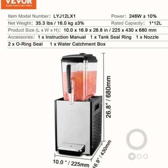Dryckesdispenser, 12 L, 22,5x43x68 cm, Rostfritt stål