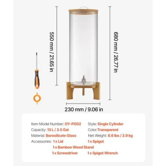 Dryckesdispenser, 20,5x20,5x63,7 cm, Transparent, Glas med träställning