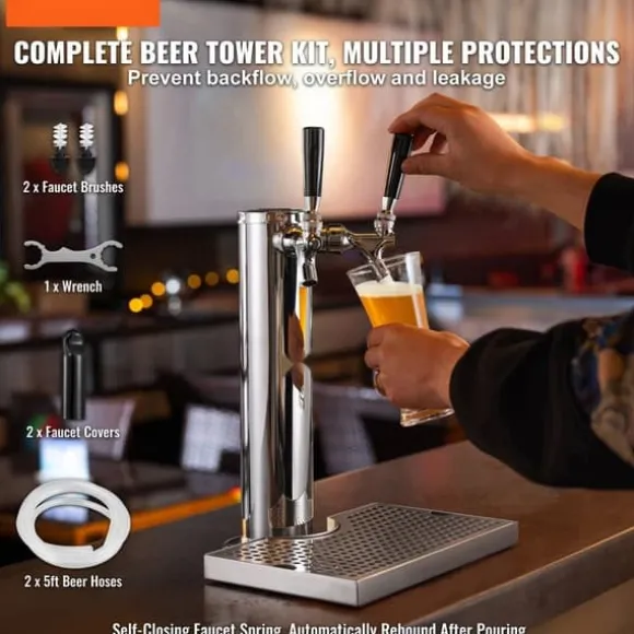 Dubbelkranar Fatölstornautomat, rostfritt stål, Kegerator Tower Kit med förmonterad slang och självstängande kran för fest och bar
