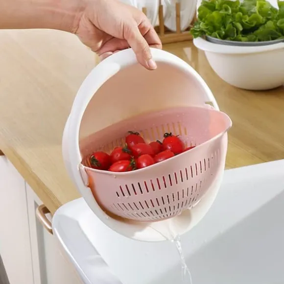 Dubbelskiktad Avloppskorg Frukt Grönsaker Tvätt Durkslag Köksredskap (Rosa)