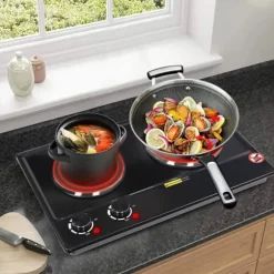 Elektrisk bordsplatta - Dubbel kokplatta - 2500 W - 2 plattor - 6-läges vred - 100–250 °C - EU-kontakt 220 V - Svart