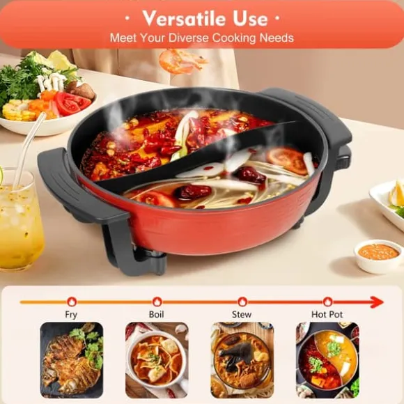 Elektrisk dubbel hotpot, bordsgryta, 6 L med lock, 1360 W, 220 V
