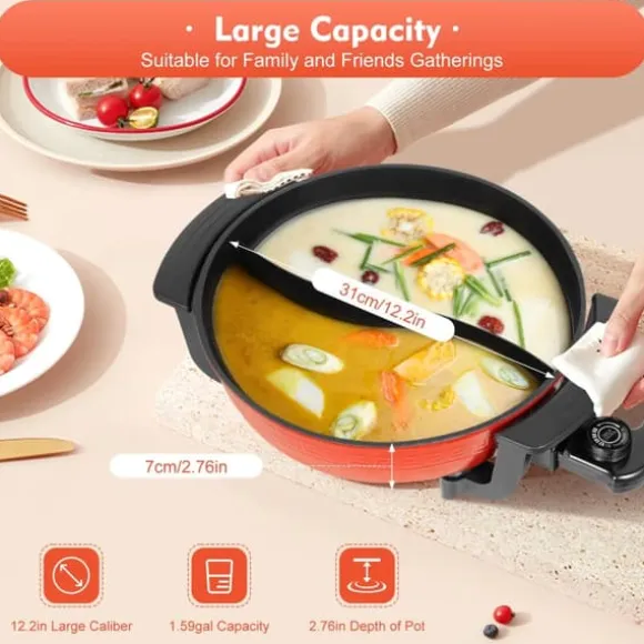 Elektrisk hotpot 6 L, gryta/stekpanna med 2 fack, 1360 W 220 V, non-stick, temperaturjusterbar, flerfärgad