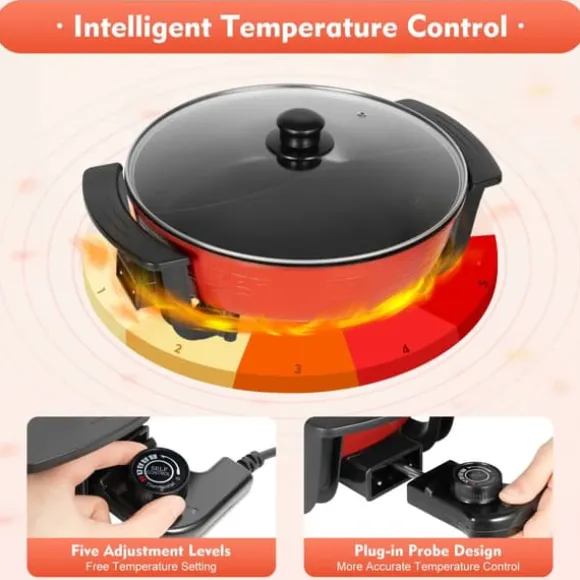 Elektrisk hotpot 6 L, gryta/stekpanna med 2 fack, 1360 W 220 V, non-stick, temperaturjusterbar, flerfärgad