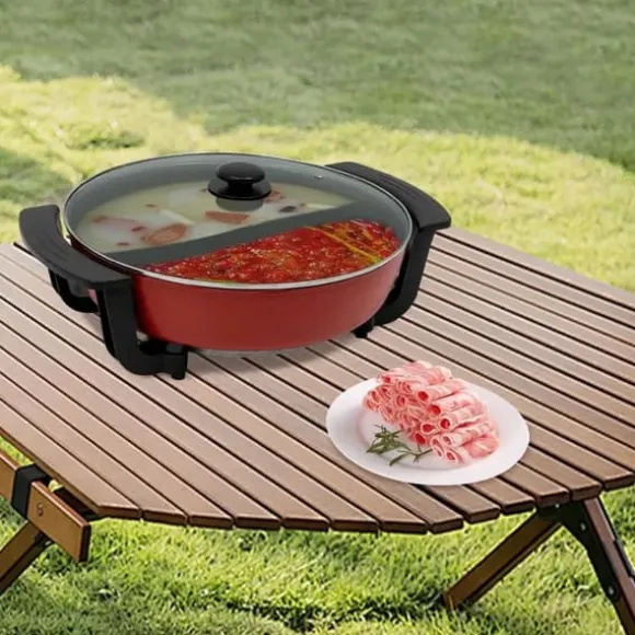 Elektrisk hotpot - Yin Yang shabu shabu gryta - 6 L - 30 cm - 1360 W - 2 fack - 5 temperaturlägen - Glaslock - Svart