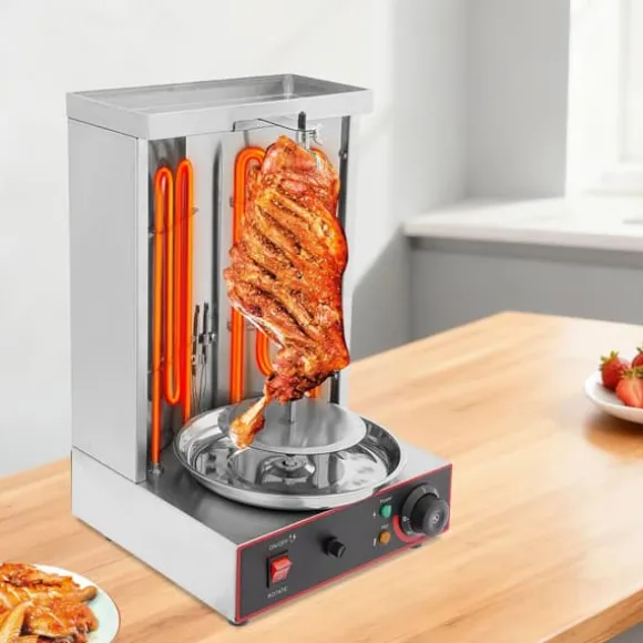 Elektrisk shawarma/kebabgrill - Vertikal - 3000 W - 50–300 °C Justerbar Temp - 360° Automatisk Rotation - Rostfritt Stål 201 - Silver