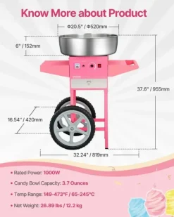 Elektrisk Sockervaddsmaskin, 1000W Effekt, 3,7 Ounce Skålkapacitet, 149-473°F Temperaturintervall,rosa