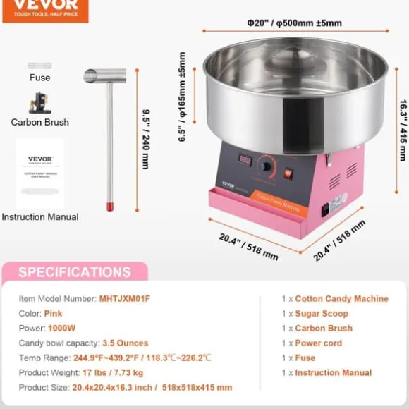 Elektrisk Sockervaddsmaskin, 1000W Effekt, Producerar 6 Coner per Minut,Rosa