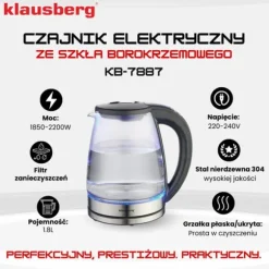 Elektrisk vattenkokare med temperaturkontroll, glas, 1,8L, KLAUSBERG KB-7887
