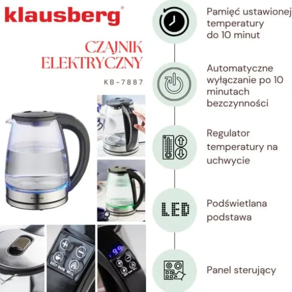 Elektrisk vattenkokare med temperaturkontroll, glas, 1,8L, KLAUSBERG KB-7887