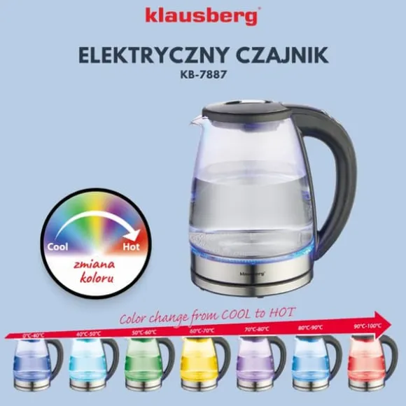 Elektrisk vattenkokare med temperaturkontroll, glas, 1,8L, KLAUSBERG KB-7887