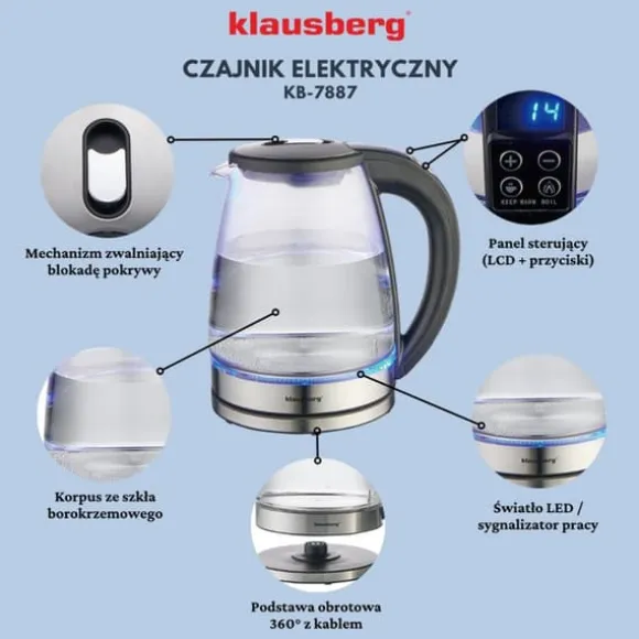 Elektrisk vattenkokare med temperaturkontroll, glas, 1,8L, KLAUSBERG KB-7887