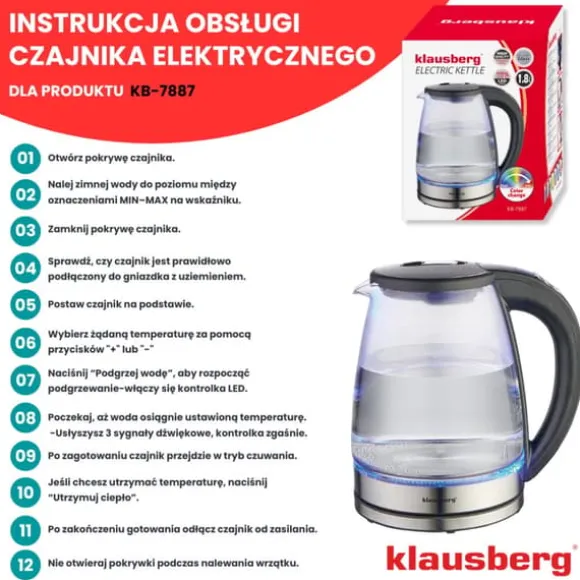 Elektrisk vattenkokare med temperaturkontroll, glas, 1,8L, KLAUSBERG KB-7887