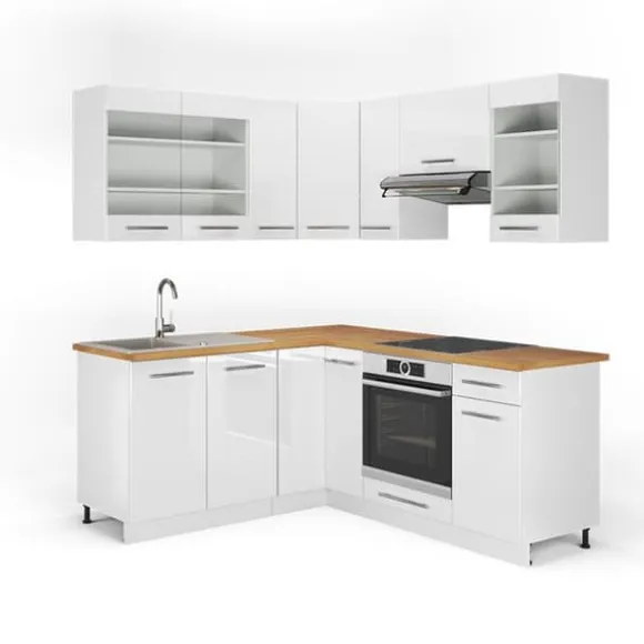 Fame-Line hörnkök, 160 x 190 cm, PT Ek, blank vit/vit, Vicco