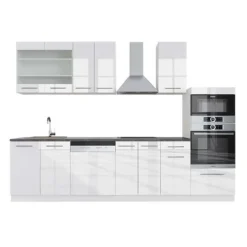 Fame-Line kök, 300 cm med högskåp, PT Antracit, blank vit/vit, Vicco
