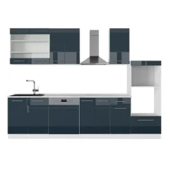 Fame-Line kök, 300 cm med högskåp, utan bänkskiva, blank mörkblå/vit, Vicco