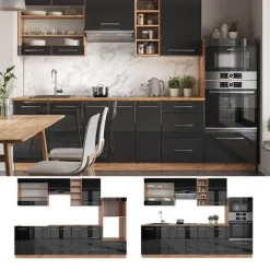 Fame-Line kök, 280 cm, PT Antracit, Blank antracit/Gyllene ek, Vicco