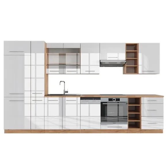 Fame-Line kök, 355 cm, PT Ek, Blank vit/Gyllene ek, Vicco