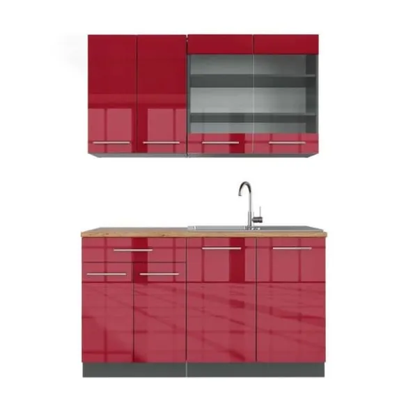 Fame-Line kök, 140 cm, PT Ek, Bourgogne högblank/antracit, Vicco