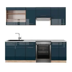 Fame-Line kök, 240 cm, PT Marble, blank mörkblå/guld ek, Vicco