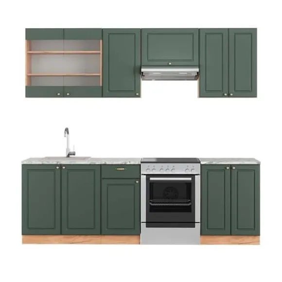 Fame-Line kök, 240 cm, PT Marble, Grön ek och guld/guld ek, Vicco