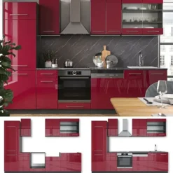 Fame-Line kök, 300 cm utan bänkskiva, Bordeaux högblank/antracit, Vicco