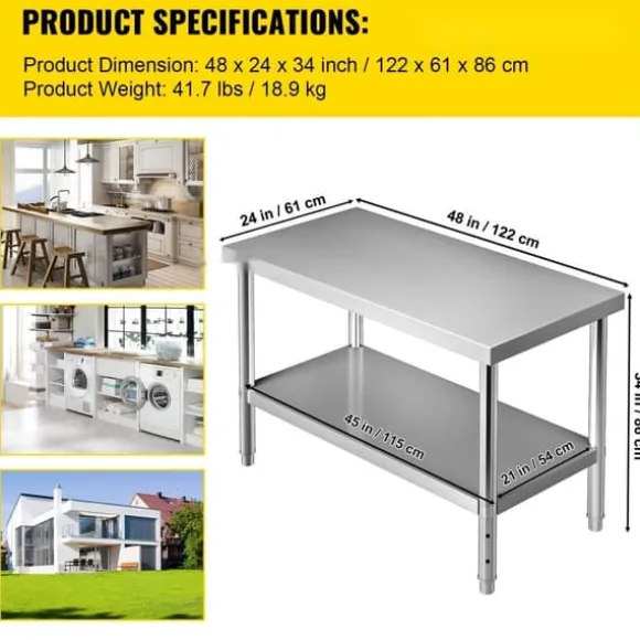 Förberedningsbord i rostfritt stål, 48x24x34 tum, 550 lbs kapacitet, tungt metallbord med justerbar hylla för kök och garage.