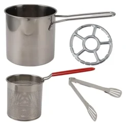 Fritöspanna i rostfritt stål Högtemperaturbeständig oljebesparande Bärbar minimetallfritöspanna med långt handtag 4-delat set