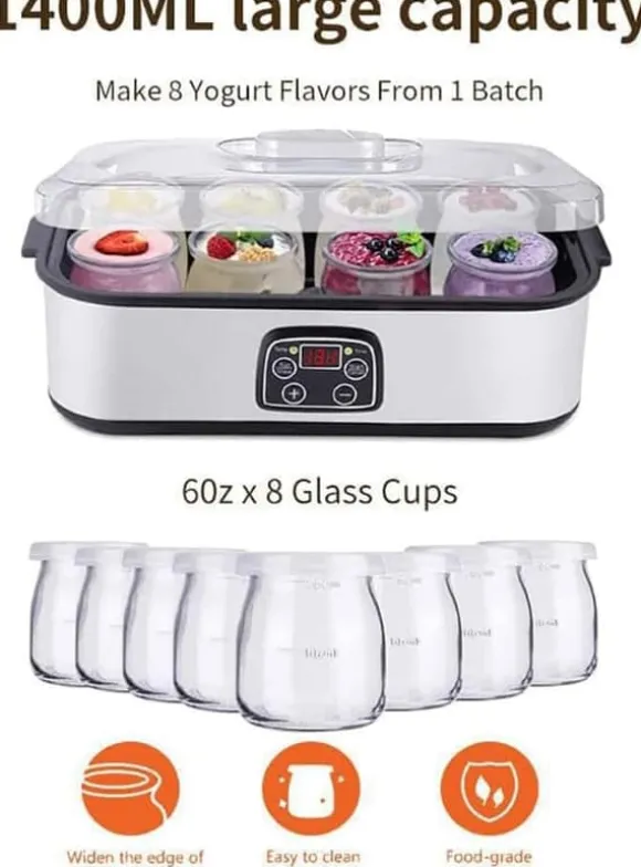 Fuleadture Elektrisk Yoghurtmaskin, LCD Display, Timer & Temperaturinställning, 8 Glas à 1400 ml, 25 W